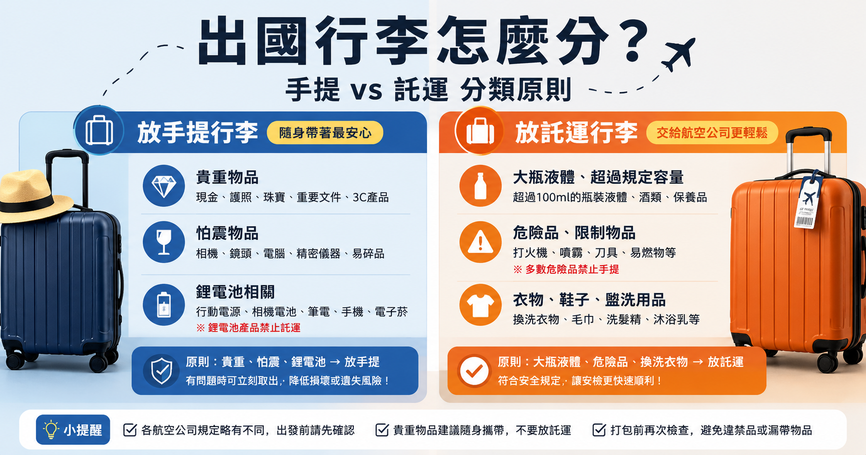 機場手提行李與託運行李分類示意