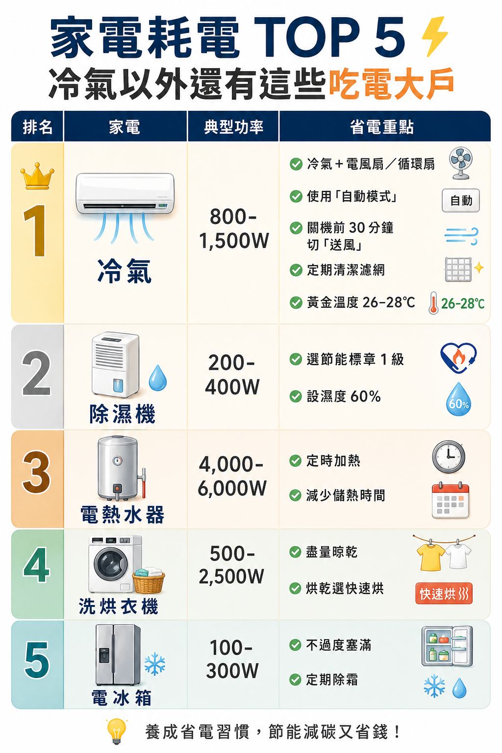 家電耗電 TOP 5 對照表