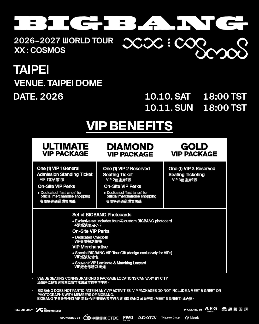 BIGBANG演唱會 VIP 3 種 PACKAGE 差別（Ultimate／Diamond／Gold）