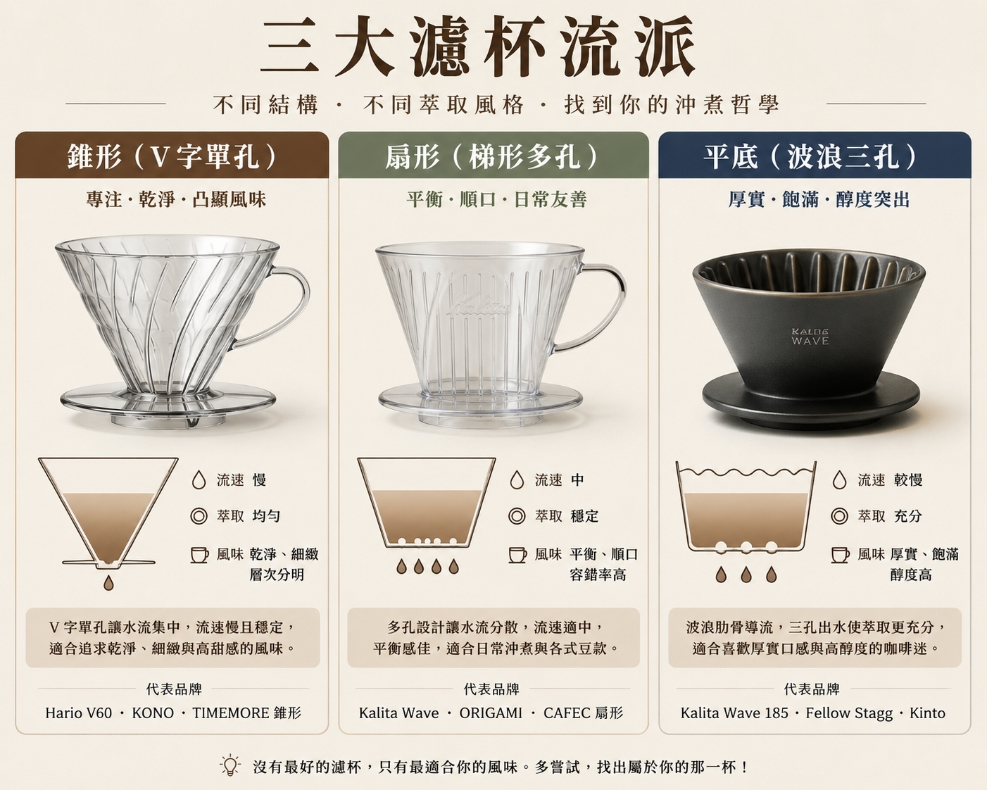 錐形 扇形 平底 三種咖啡濾杯形狀對比