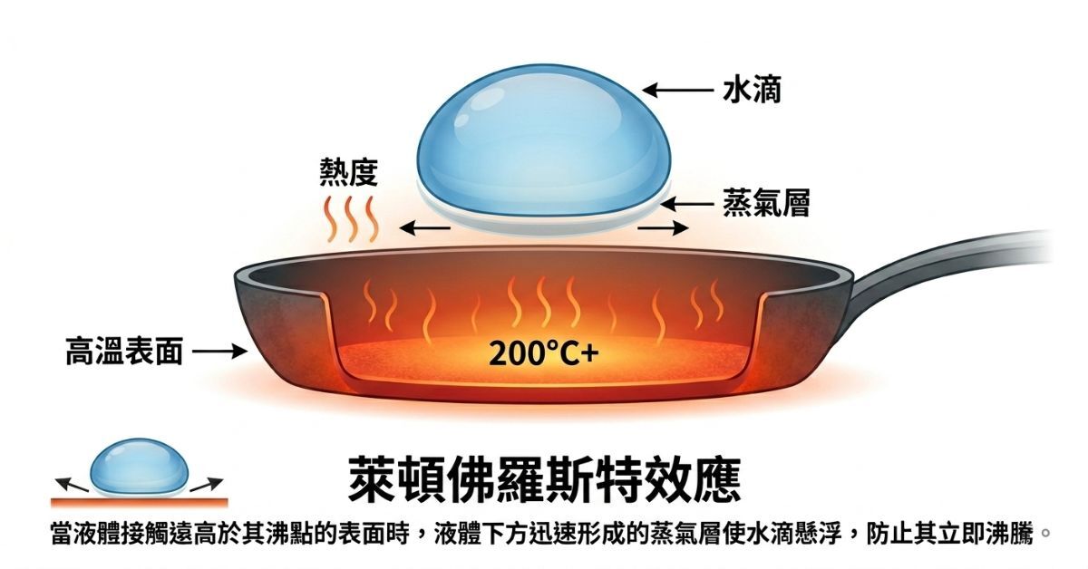 萊頓佛羅斯特效應示意圖 — 蒸氣層使食材懸浮不沾鍋面