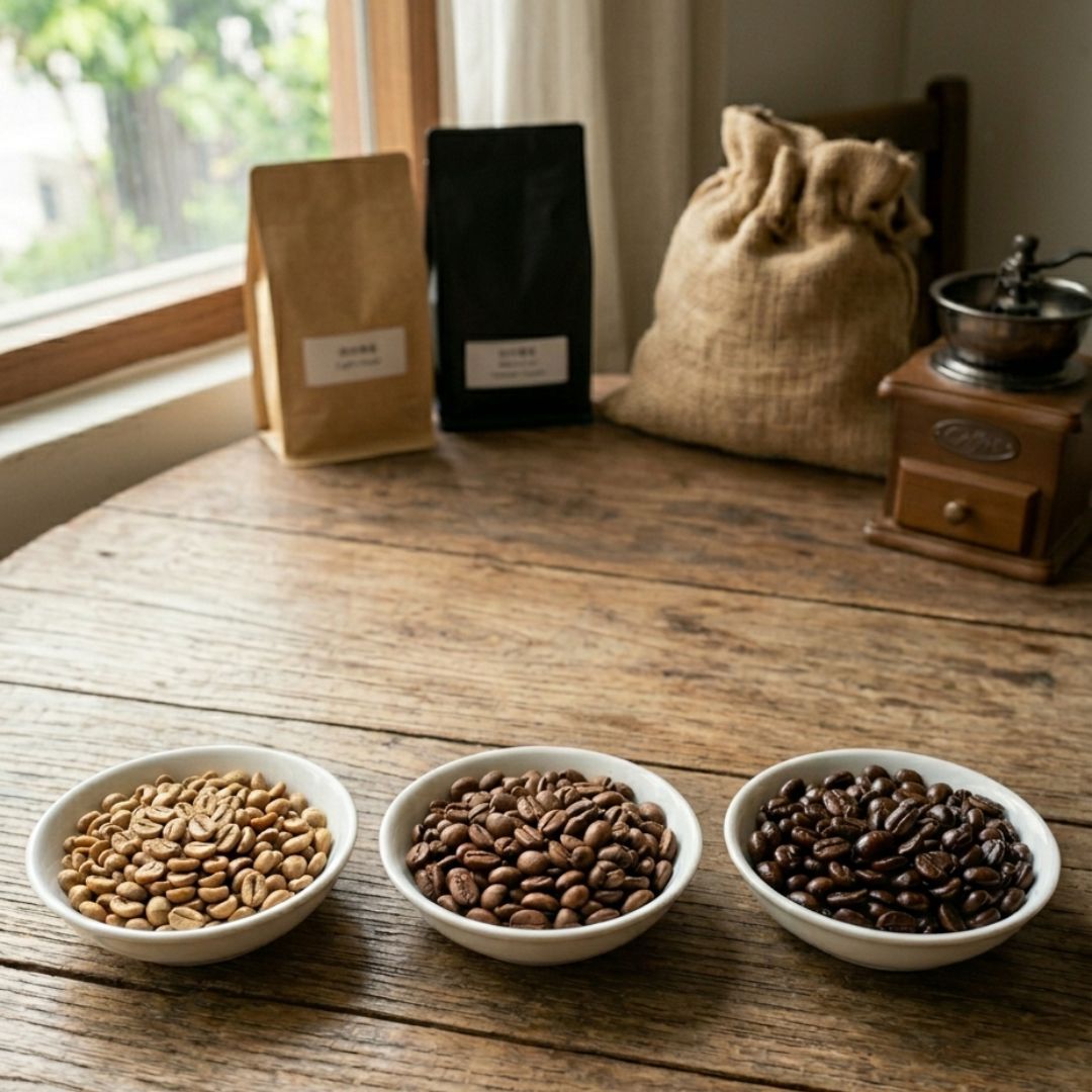 不同烘焙程度的咖啡豆對比：淺焙、中焙、深焙