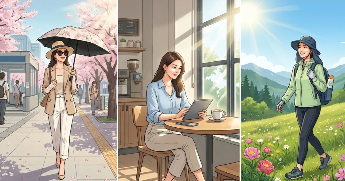 通勤、室內、戶外三種春日防曬情境對照