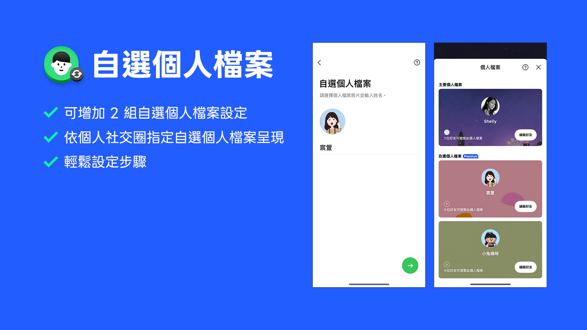 LINE Premium 自選個人檔案：除了原本的個人檔案，可額外建立兩組個人檔案
