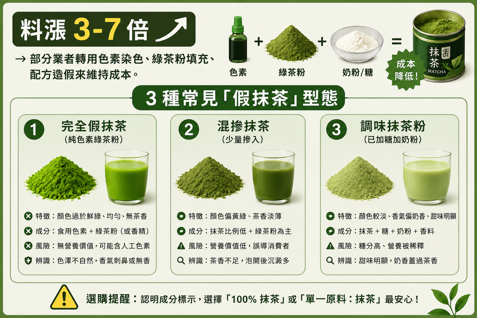 抹茶漲價潮下色素假抹茶亂象示意