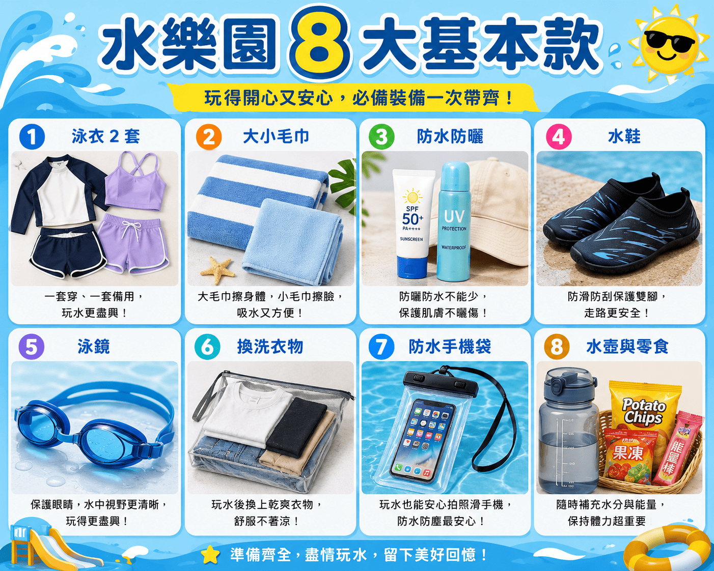 水樂園必帶 8 大基本款裝備排列