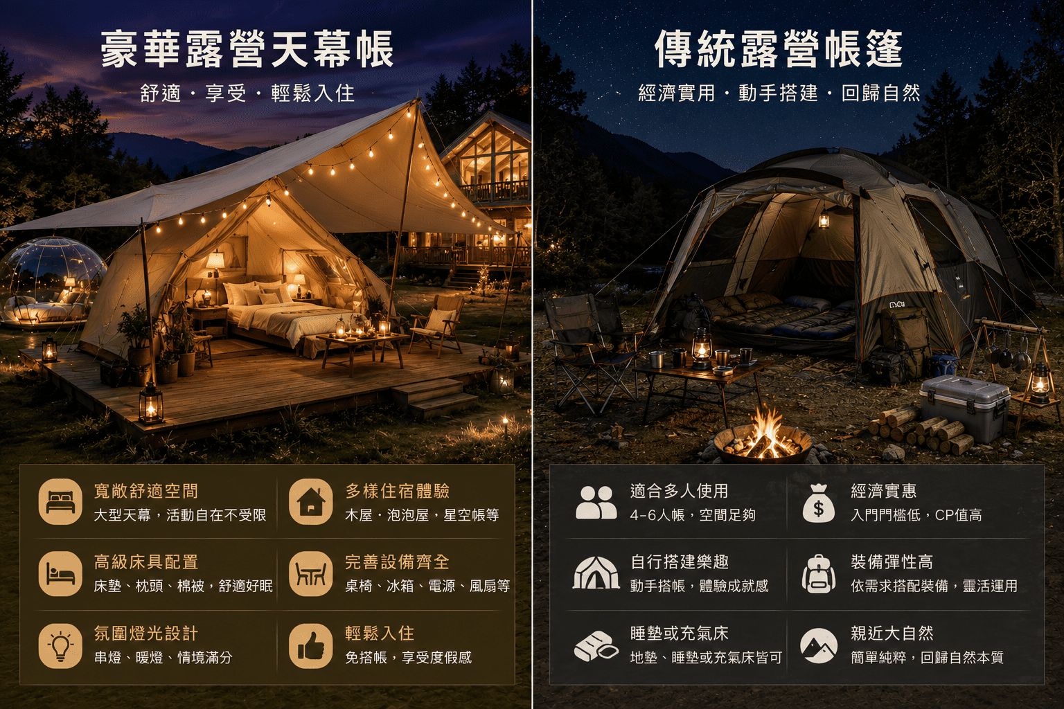豪華露營神殿帳 vs 傳統露營帳篷對比場景