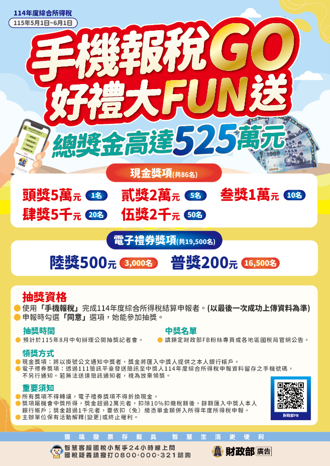 114 年度綜合所得稅手機報稅抽獎活動—手機報稅 GO 好禮大 FUN 送