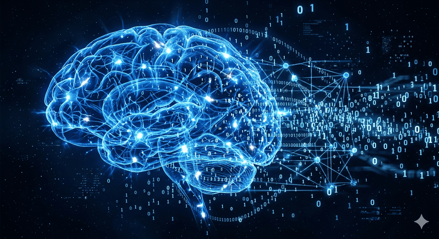 大腦神經網絡與數位代碼交織的視覺概念圖，象徵人工智慧與人類智慧的融合——藍色發光神經元網絡與漂浮的0和1數字交疊，背景深色