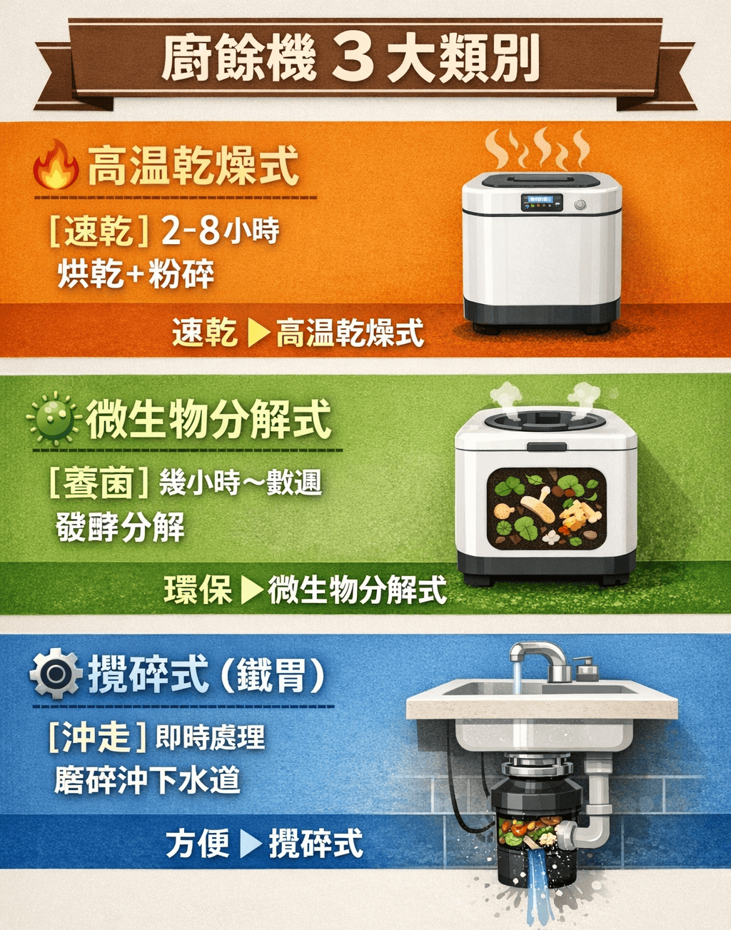 3 大類廚餘機技術差異總覽