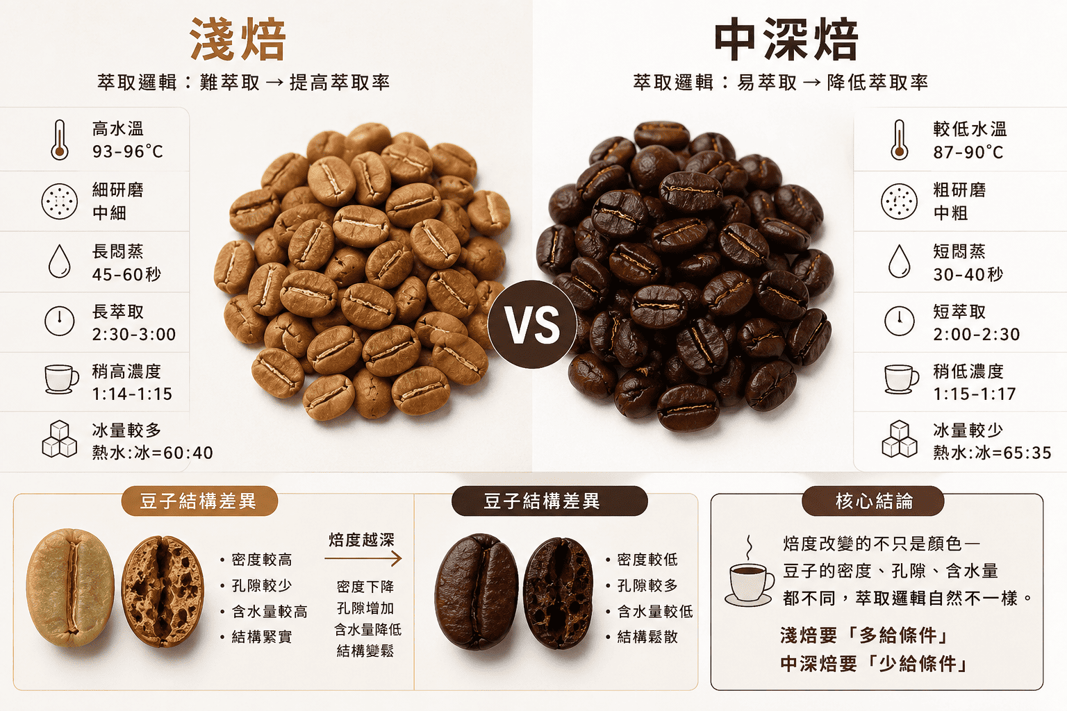 淺焙 中深焙 咖啡豆 物理性質 萃取邏輯 對比