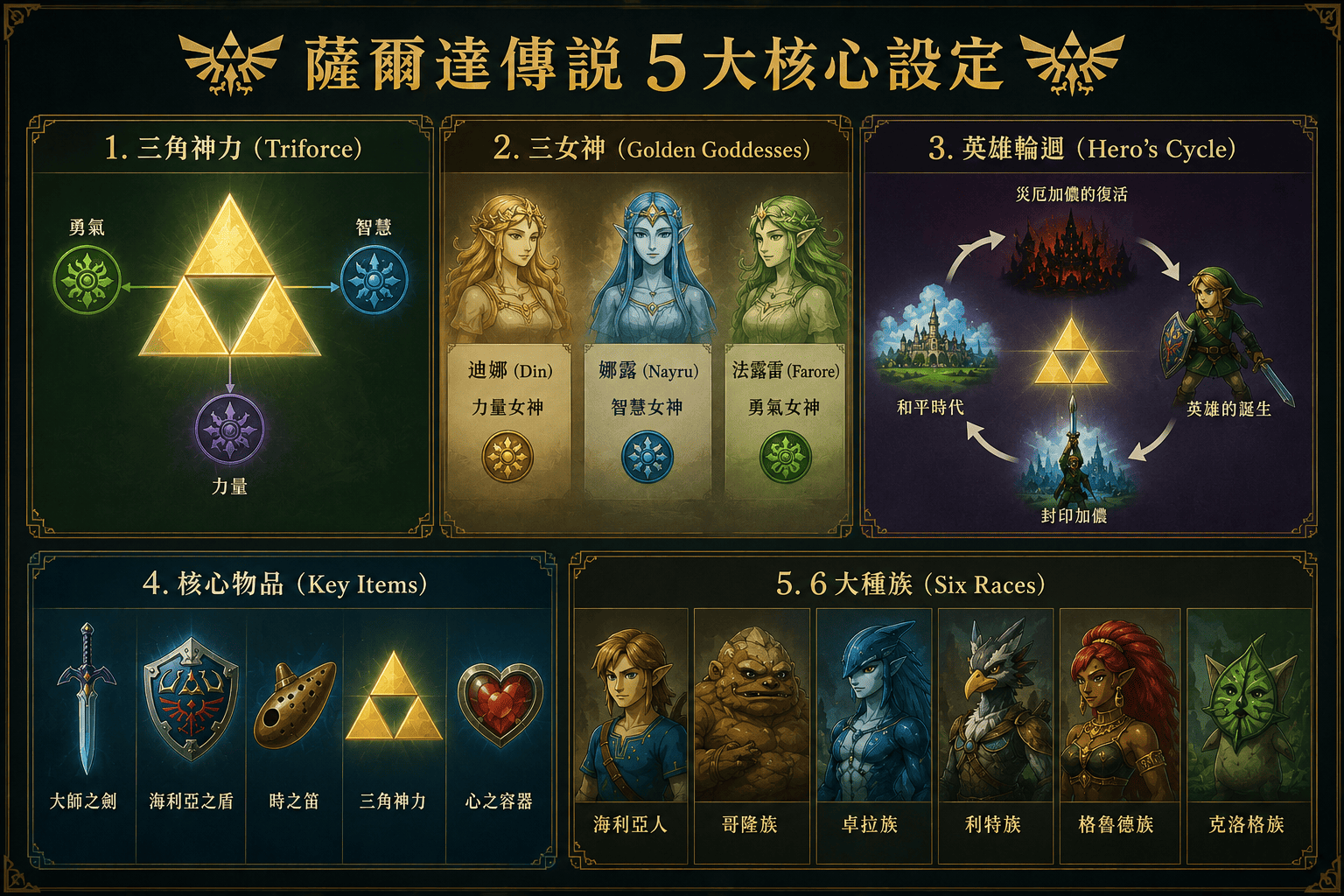 薩爾達 5 大核心設定 三角神力 英雄輪迴 種族