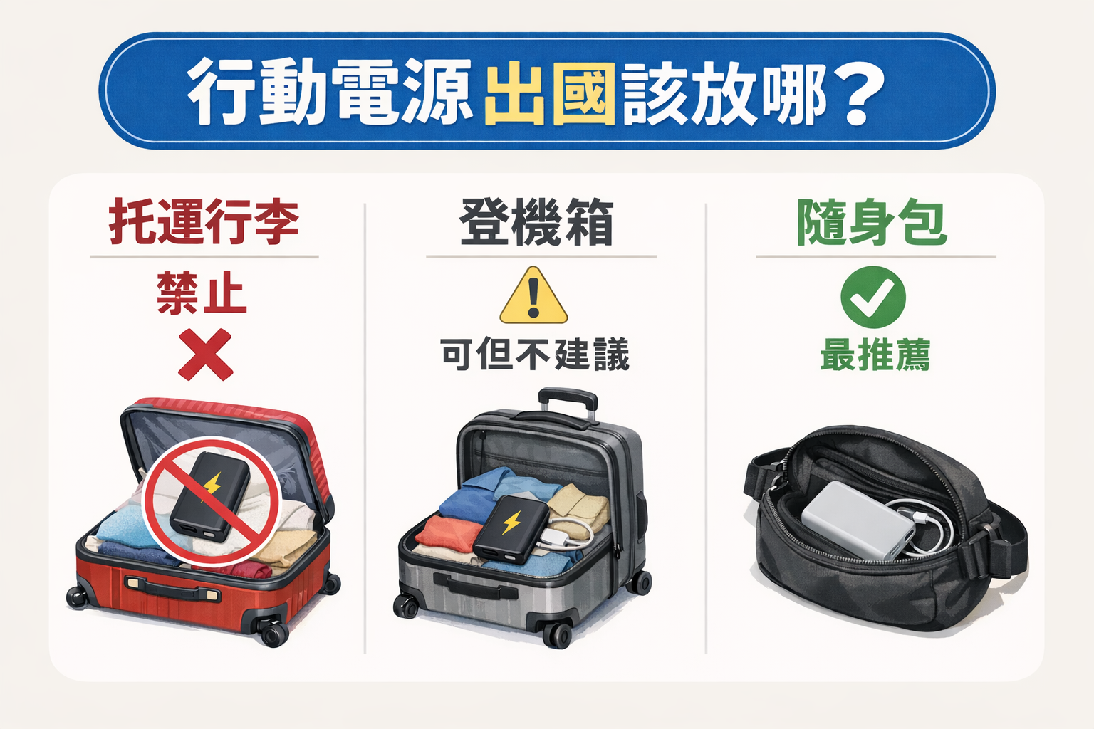 行李 托運箱 登機箱 隨身包 行動電源位置示意