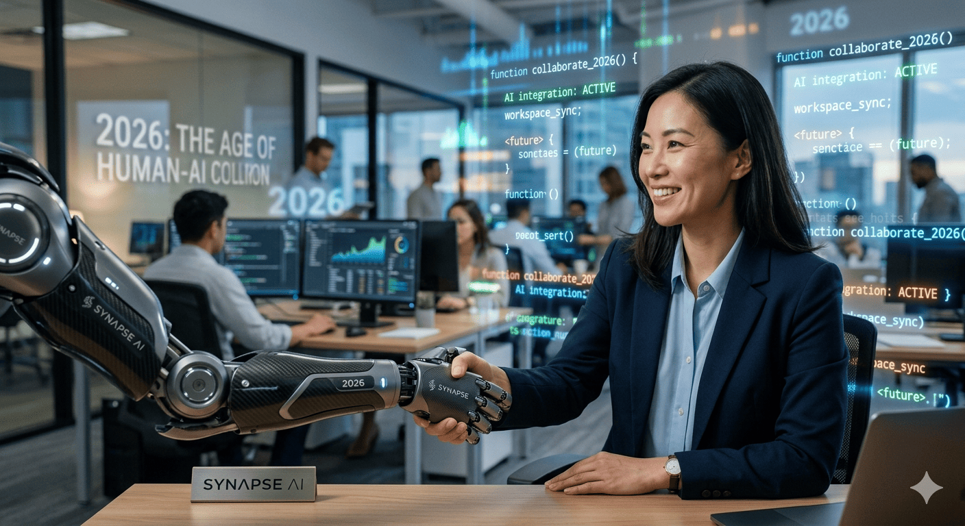 人類與AI機器人握手，象徵2026年職場人機協作的新時代——人類握著機器手臂，背景是模糊的辦公室環境與代碼光效