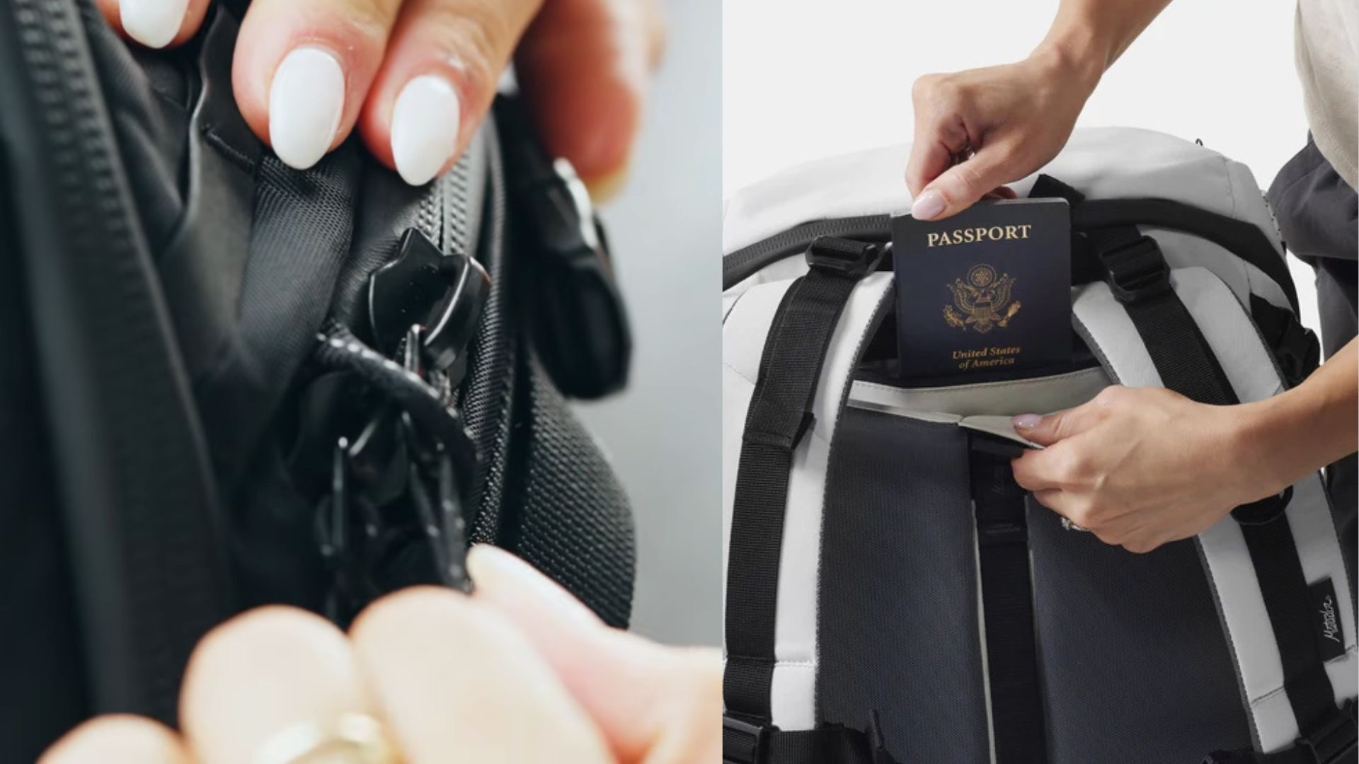 主拉鍊防盜環與前方管理口袋細節示意