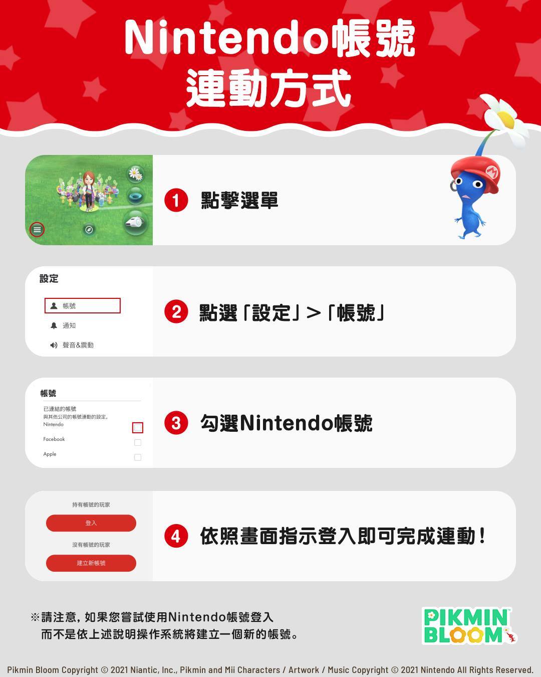 Pikmin Bloom Nintendo 帳號連動方式圖解