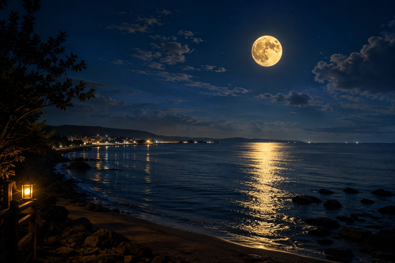 海邊賞月的夜景，滿月映照在海面上