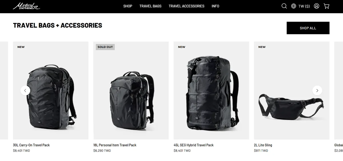 Matador 官網 Travel Bags 分類頁，列出 30L Carry-On、18L Personal Item、45L SEG Hybrid 等新品與台幣售價，18L 標示完售