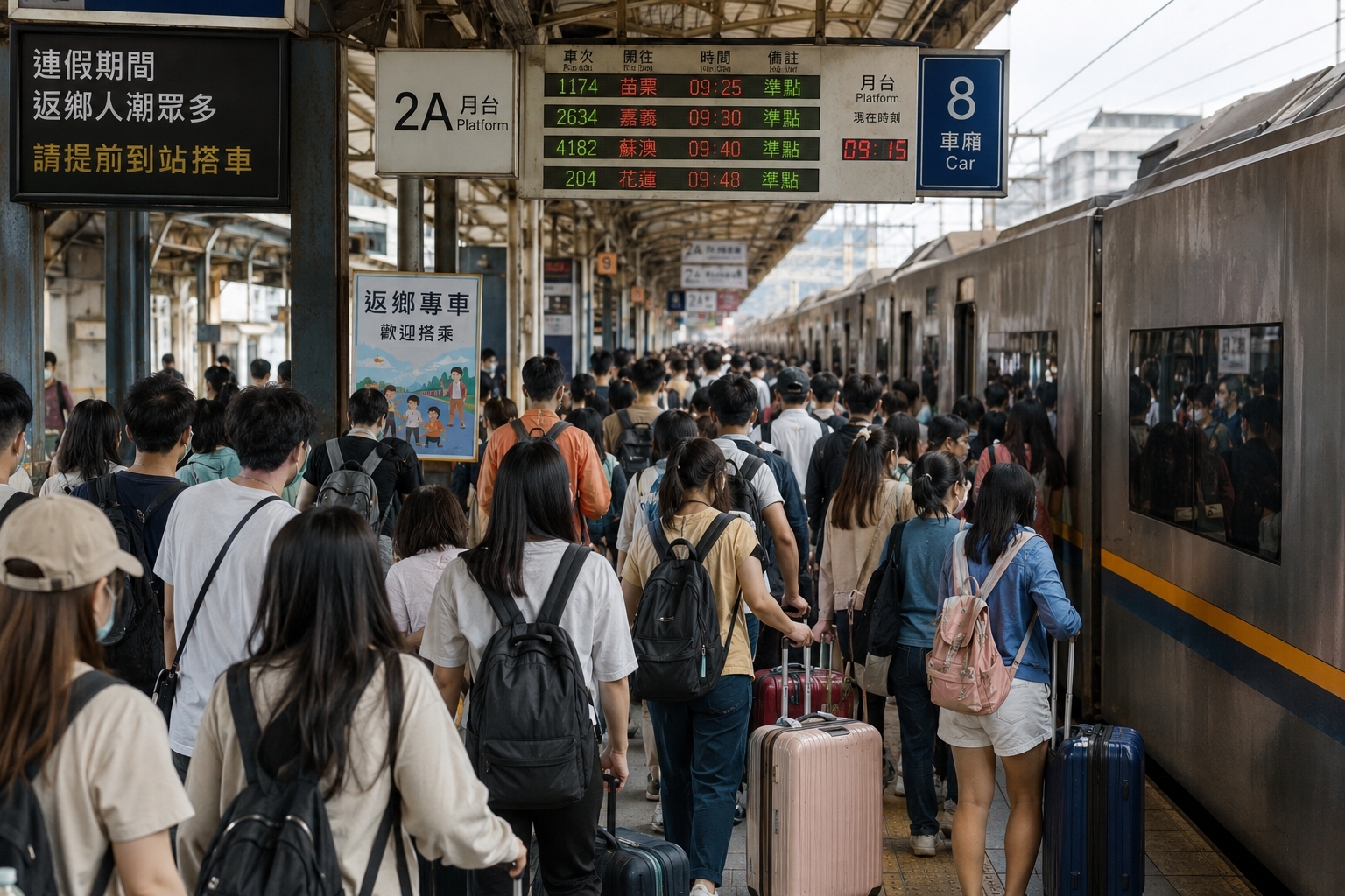 連假期間台鐵車站月台的返鄉人潮