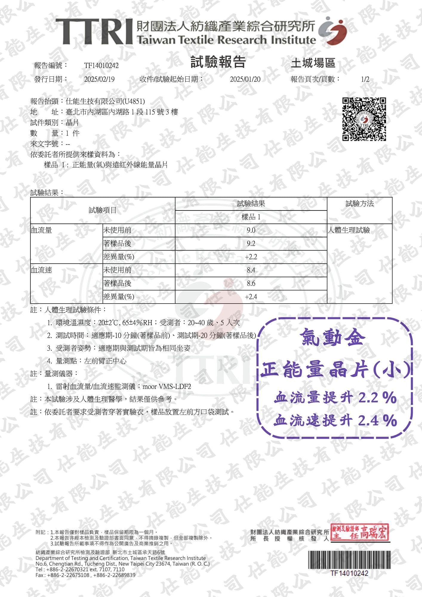 正能量晶片使用前後血液流量與流速測試報告
