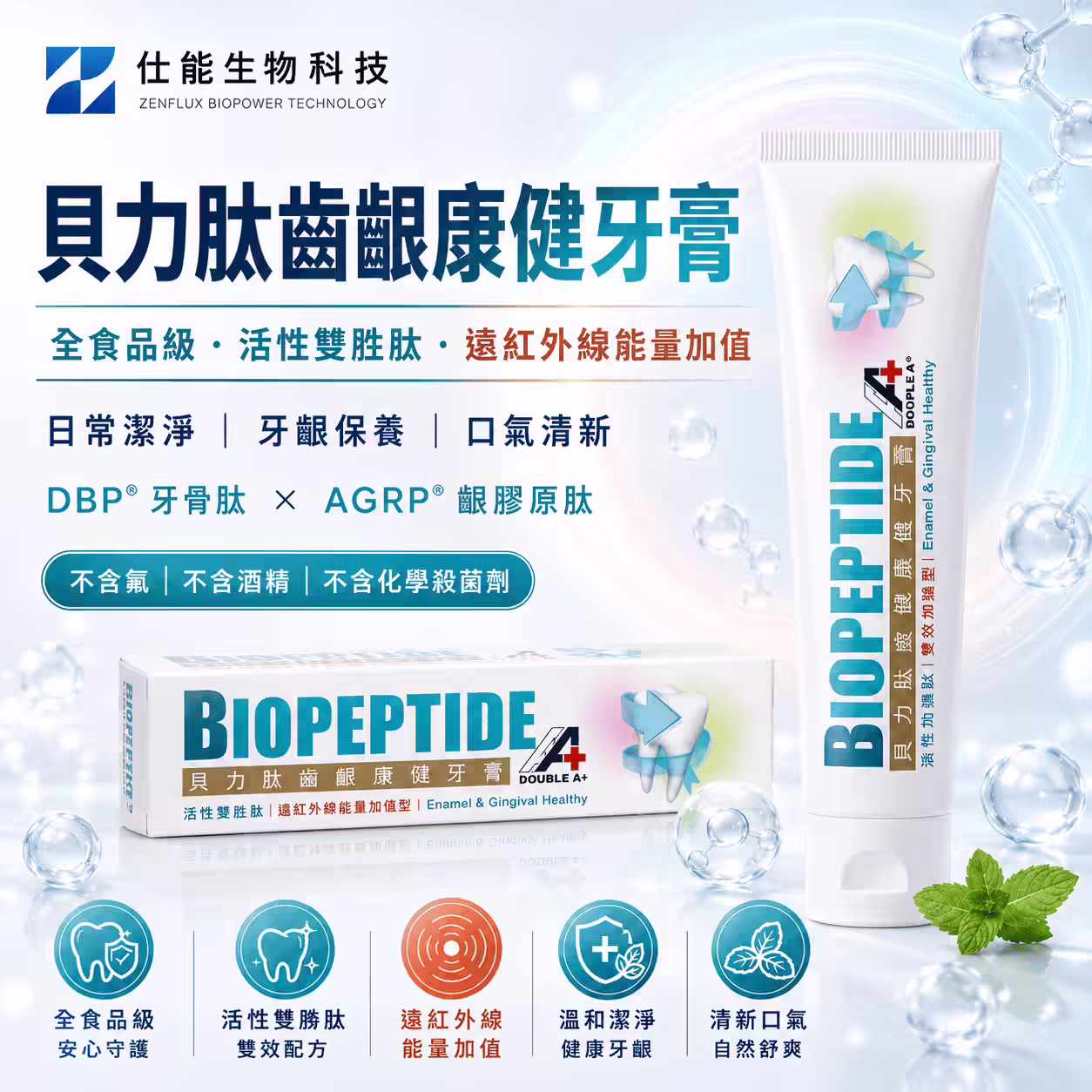 BIOPEPTIDE 口腔保養配方、牙膏膏體與礦物胜肽意象