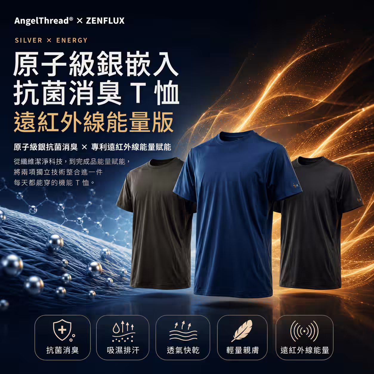 AngelThread 原子級銀嵌入抗菌消臭 T 恤 遠紅外線能量版