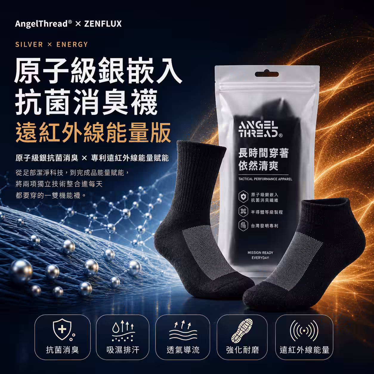 AngelThread 原子級銀嵌入抗菌消臭襪 遠紅外線能量版
