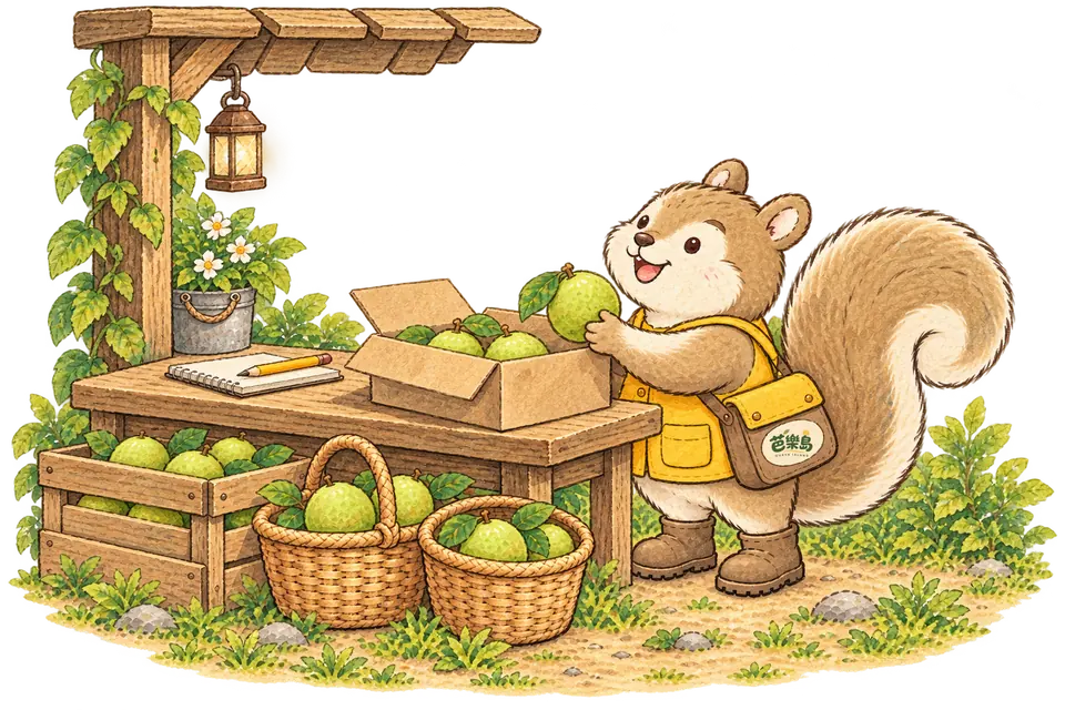 松鼠栗栗在分享小屋的工作桌前整理果籃與打開的果箱