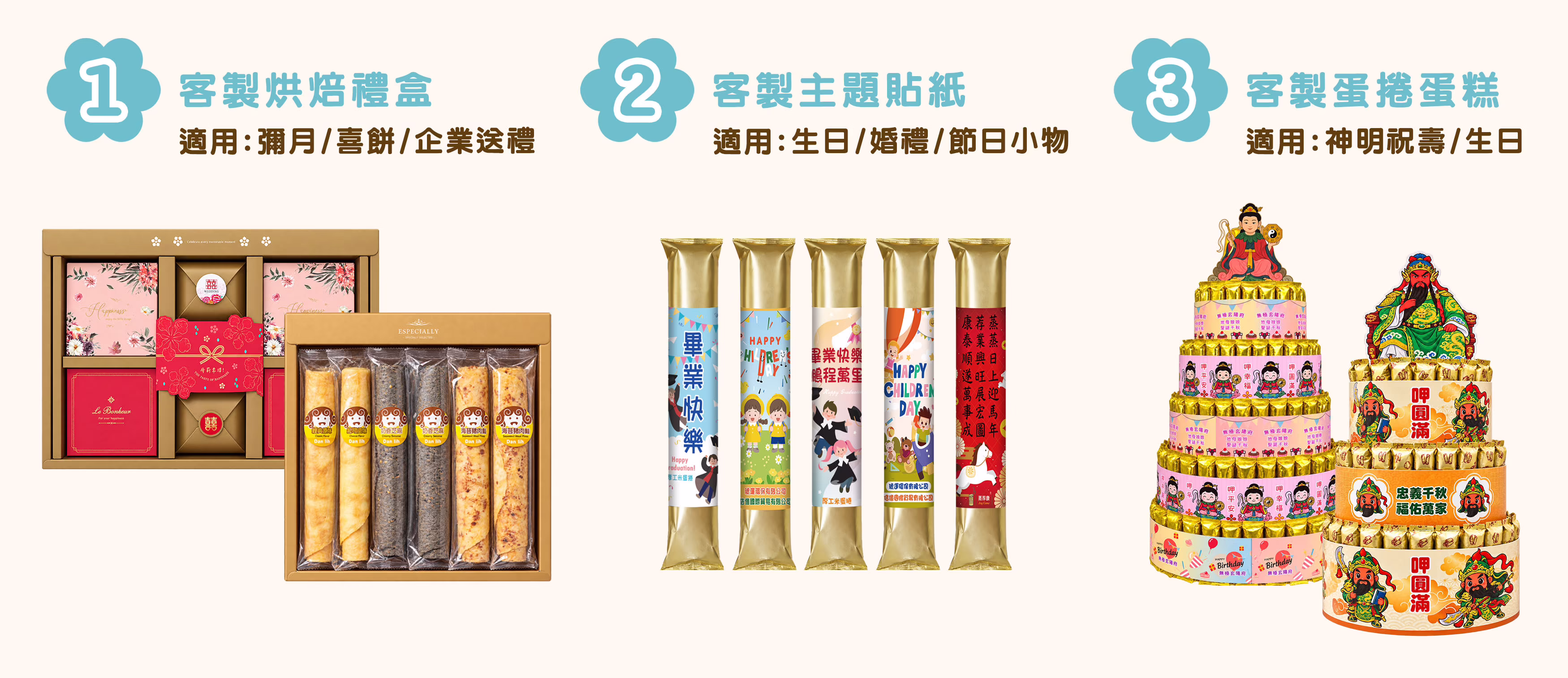 丹莉客製化送禮服務，包含彌月喜餅、企業烘焙禮盒、生日婚禮主題貼紙與神明祝壽客製蛋捲蛋糕