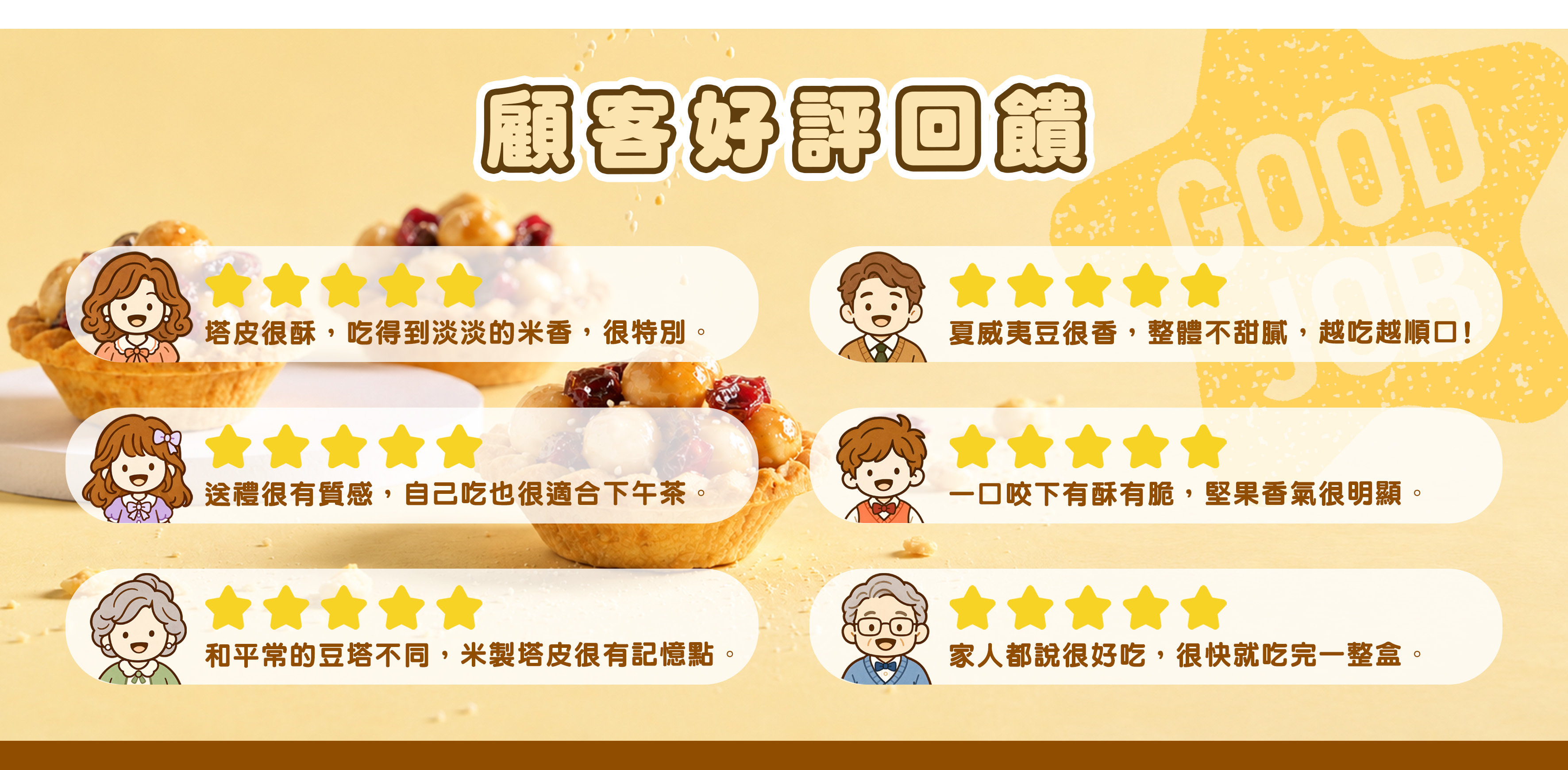 丹莉夏威夷米豆塔顧客好評回饋，展示六則五星評價，提及米製塔皮酥脆、米香、夏威夷豆香氣與下午茶送禮推薦