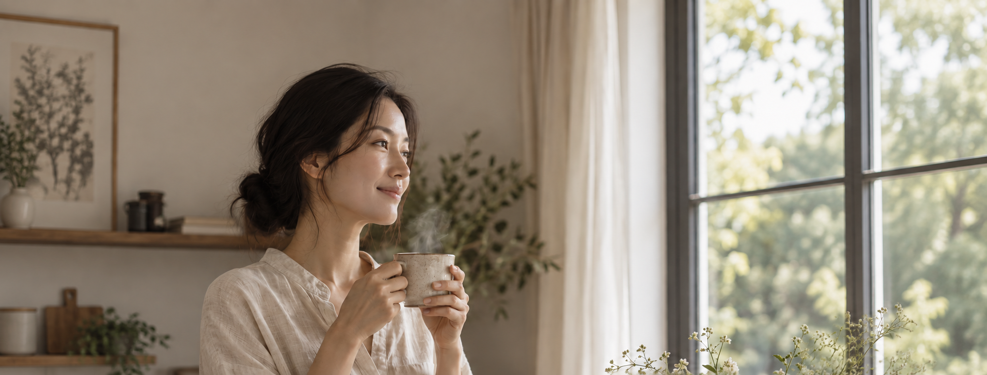 女子在窗邊捧著熱茶，享受片刻休息