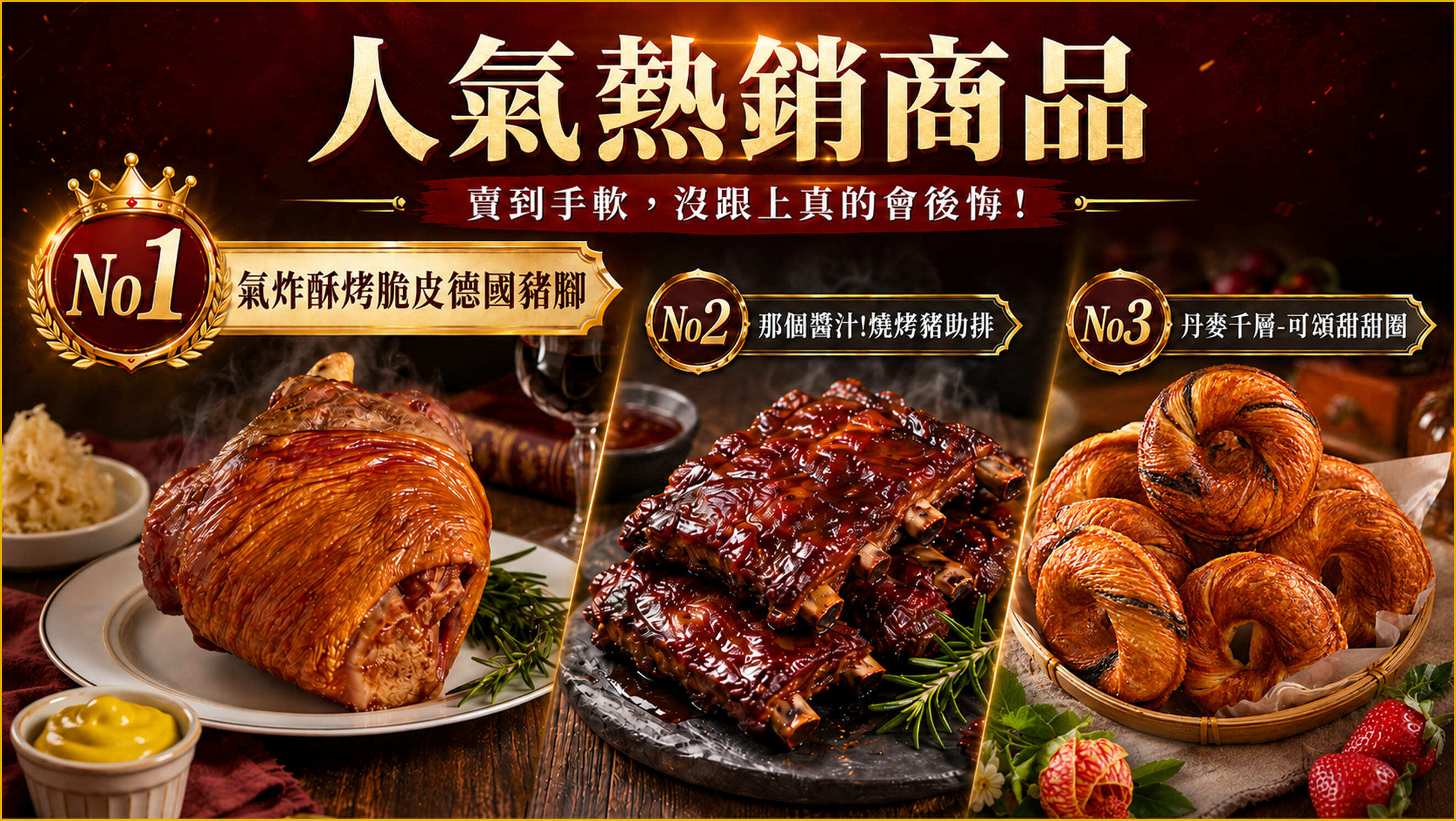 人氣熱銷商品：氣炸酥烤脆皮德國豬腳、那個醬汁燒烤豬肋排、丹麥千層可頌甜甜圈