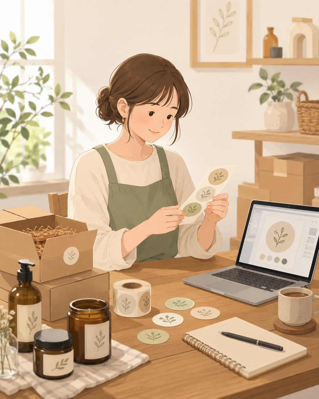 小品牌主理人檢查少量製作的標籤貼紙，桌上有包裝盒、瓶罐、貼紙樣張與筆電預覽畫面