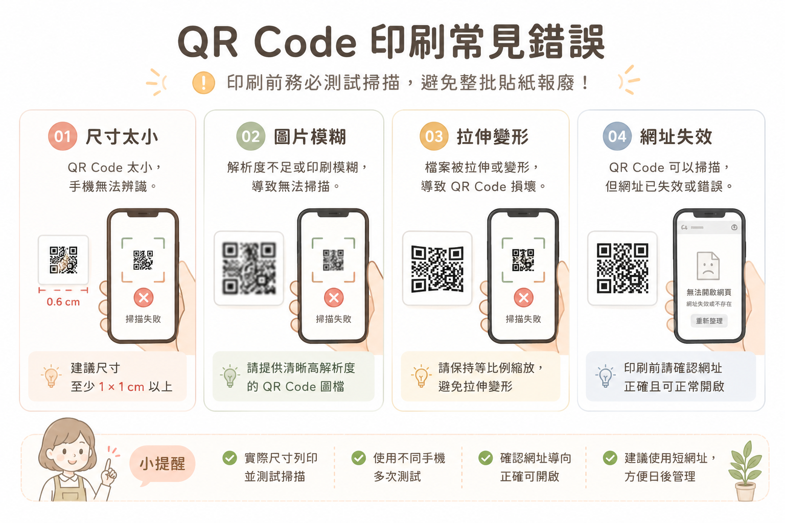 QR Code 貼紙尺寸建議與印刷前掃描測試示意圖